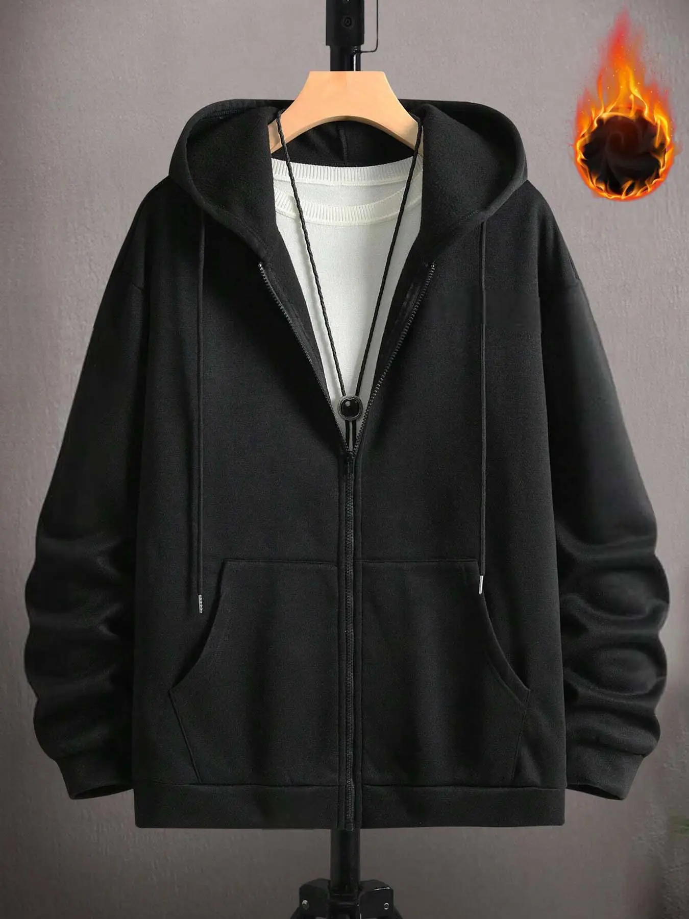 Men's Solid Drop Shoulder Drawstring Warm Hoodie without Top & Necklace, Casual Loose Pocket Hooded Sweatshirt for Daily Outdoor Wear, Men Clothes for