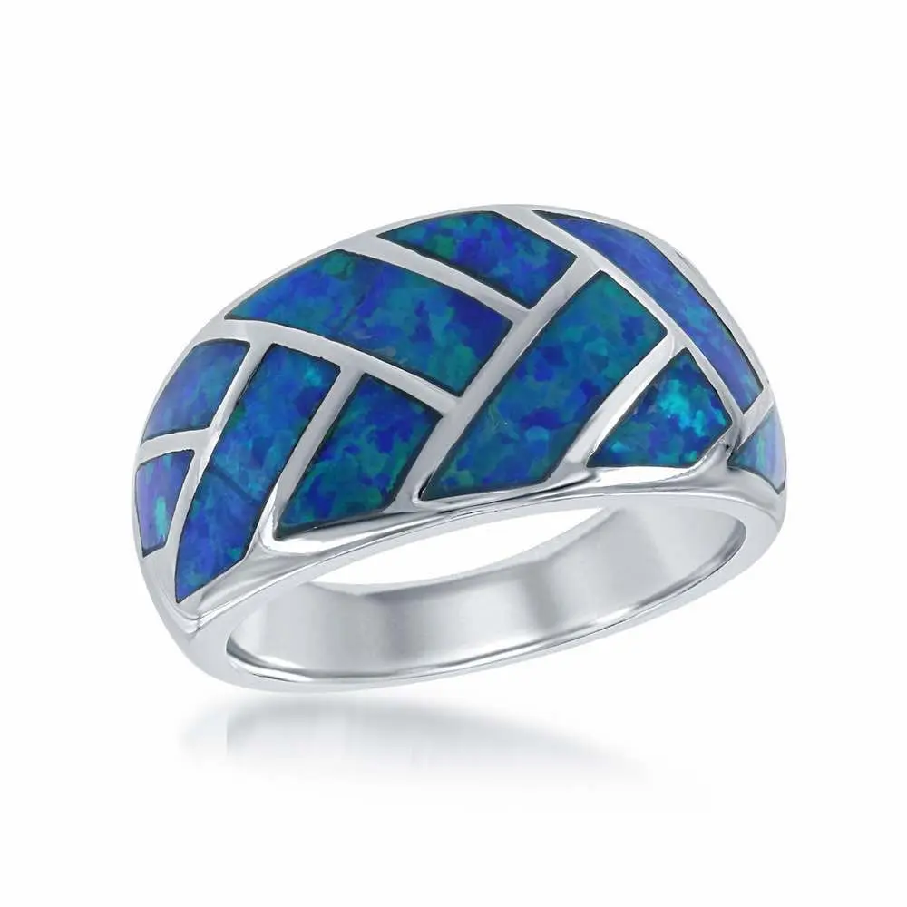 Sterling Silver Blue Inlay Opal Wide Band Ring-size 8