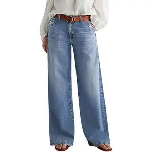 Women’s Wide-Leg Mid-Rise Loose Denim Jeans with Stitch Decoration, Washed Finish, No Belt Included