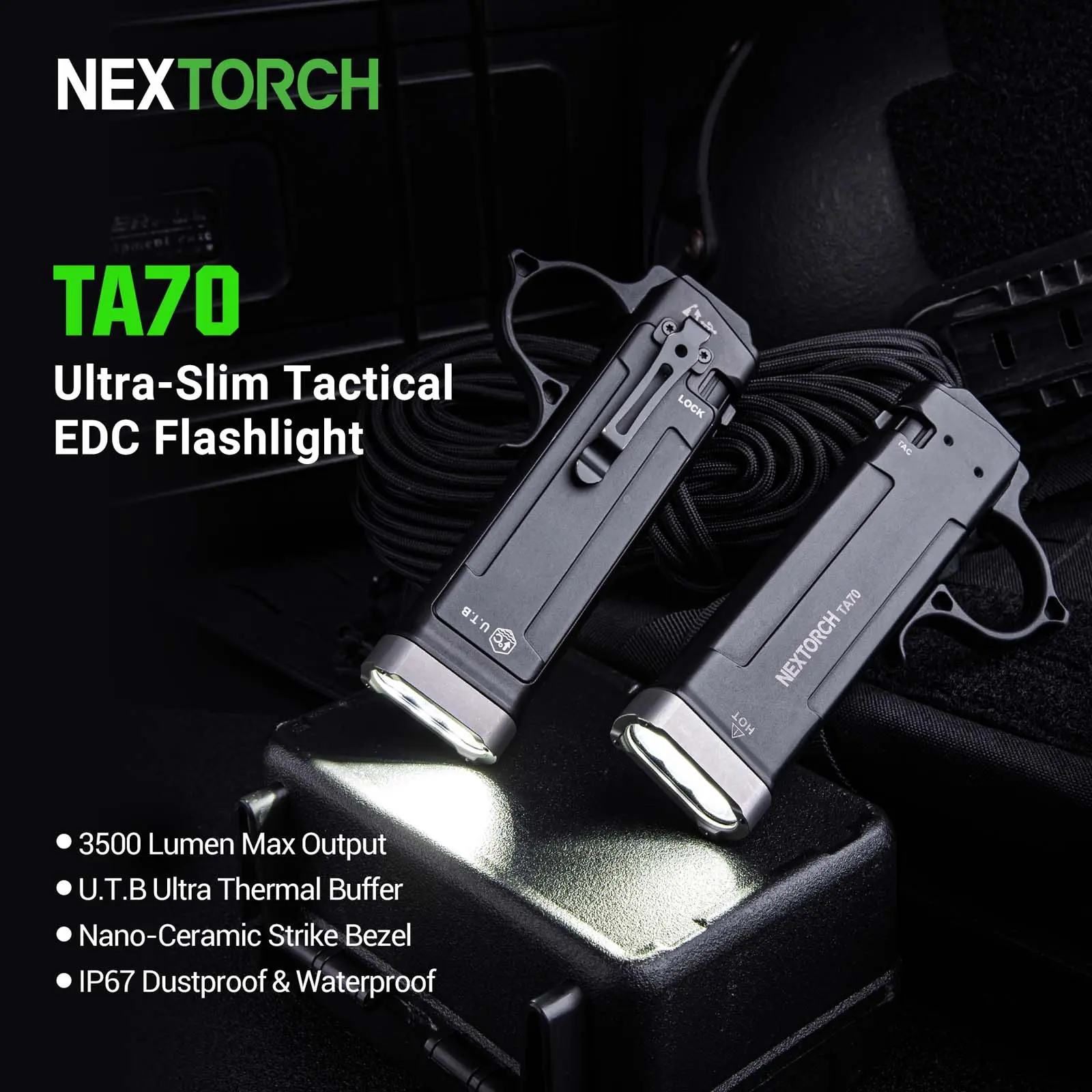 NEXTORCH TA70 Ultra-Slim Tactical EDC Flashlight | 3500 Lumens | IP67 Waterproof | 220m Beam Distance