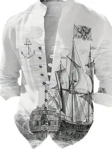 Men's Chinese-Style Vintage White Long-Sleeve Polyester Stand Collar Shirt - Chic All-Over Anchor & Sailboat Print, Fitted Fit with Knot Detail, All-Seasons Casual Classic Menswear Top, Summervibes Outdoor Fun