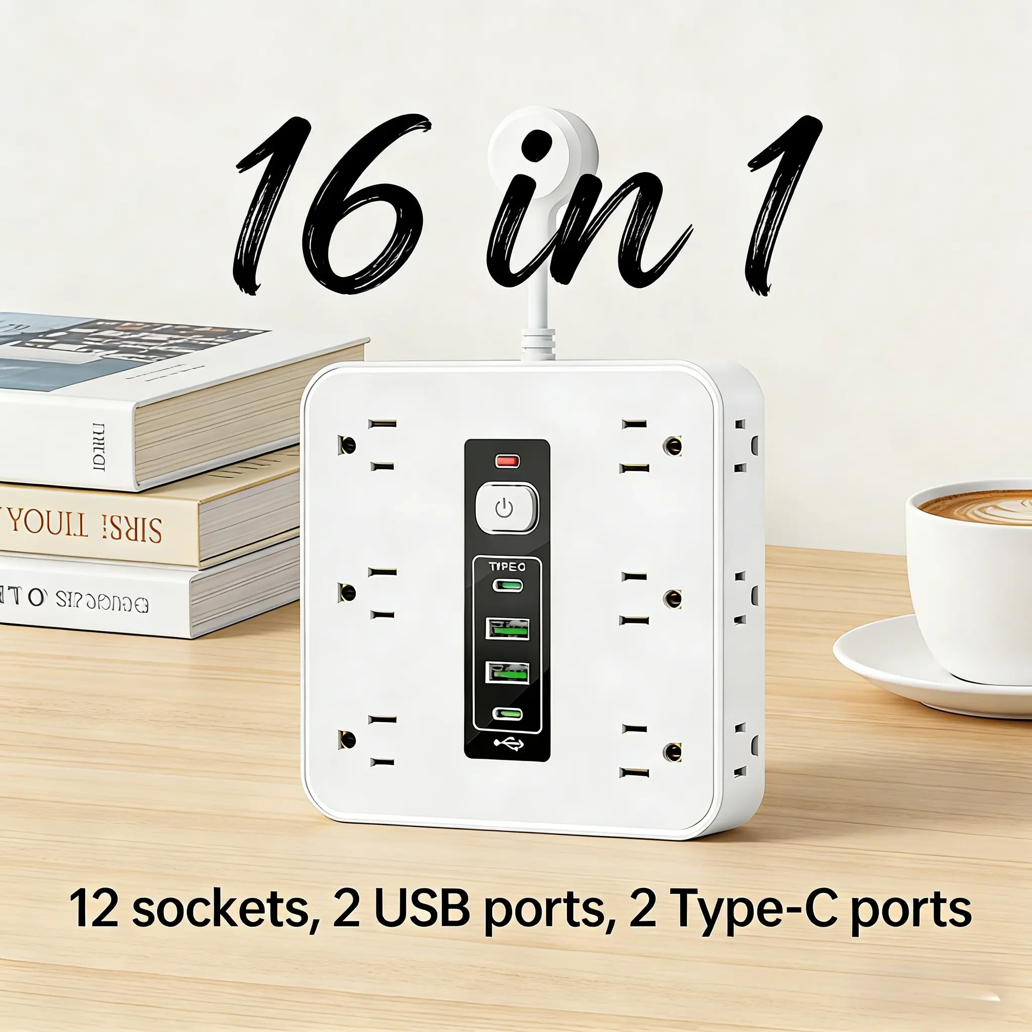 16 In 1 Multi-Functional Surge Protector Power Strip - Universal Socket, Power Outlet Panel, 12 AC Outlets (AC 120V), 2 USB Ports, 2 Type-C Ports, Floor Socket, Flexible Mounting for Home & Office Indoor Use