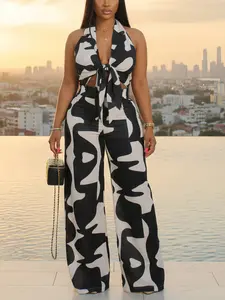 Printed Jumpsuit with Tie Design, High Waist Wide Leg Pants, Slim Fit Not Tight, Essential for Evening Dates, Spring Summer Fashion