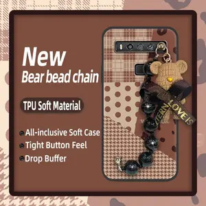 Cartoon Anti-knock Phone Case For TCL 10 5G UW soft case Black pearl pendant protective case Simplicity Skin-friendly feel silicone Bear bracelet Back Cover Waterproof cute