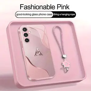 Wave Art 26 letter Phone Case, Suitable for [Galaxy S23 Fe] high-end women's, Lanyard a beautiful four-leaf clover lanyard is included🍀 952