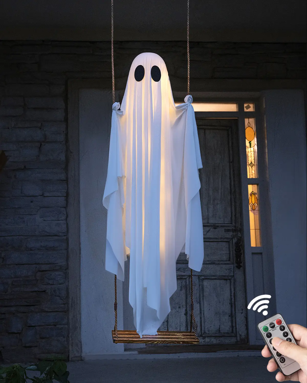 Halloween Decorations Outdoor - 5 FT Large Hanging Swing Ghost with Remote Controlled Warm LED Lights, Cute & Spooky Halloween Ornament for Tree, Yard, Front Porch, Garden