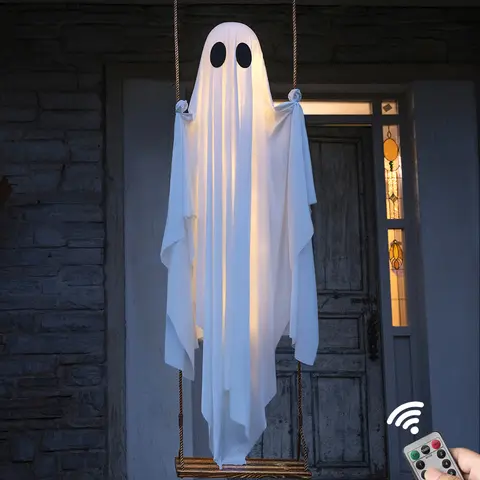 Halloween Decorations Outdoor - 5 FT Large Hanging Swing Ghost with Remote Controlled Warm LED Lights, Cute & Spooky Halloween Ornament for Tree, Yard, Front Porch, Garden