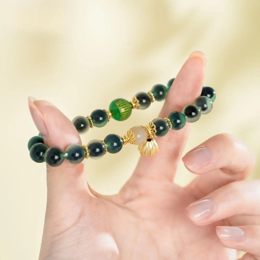 Unisex Green Sugar-Core Agate Single Strand Beaded Bracelet - Hetian Jade, Sand Gold Beads, Lotus Pendant, Minimalist Smooth Texture Wrist Accessory for 7 in Wrist