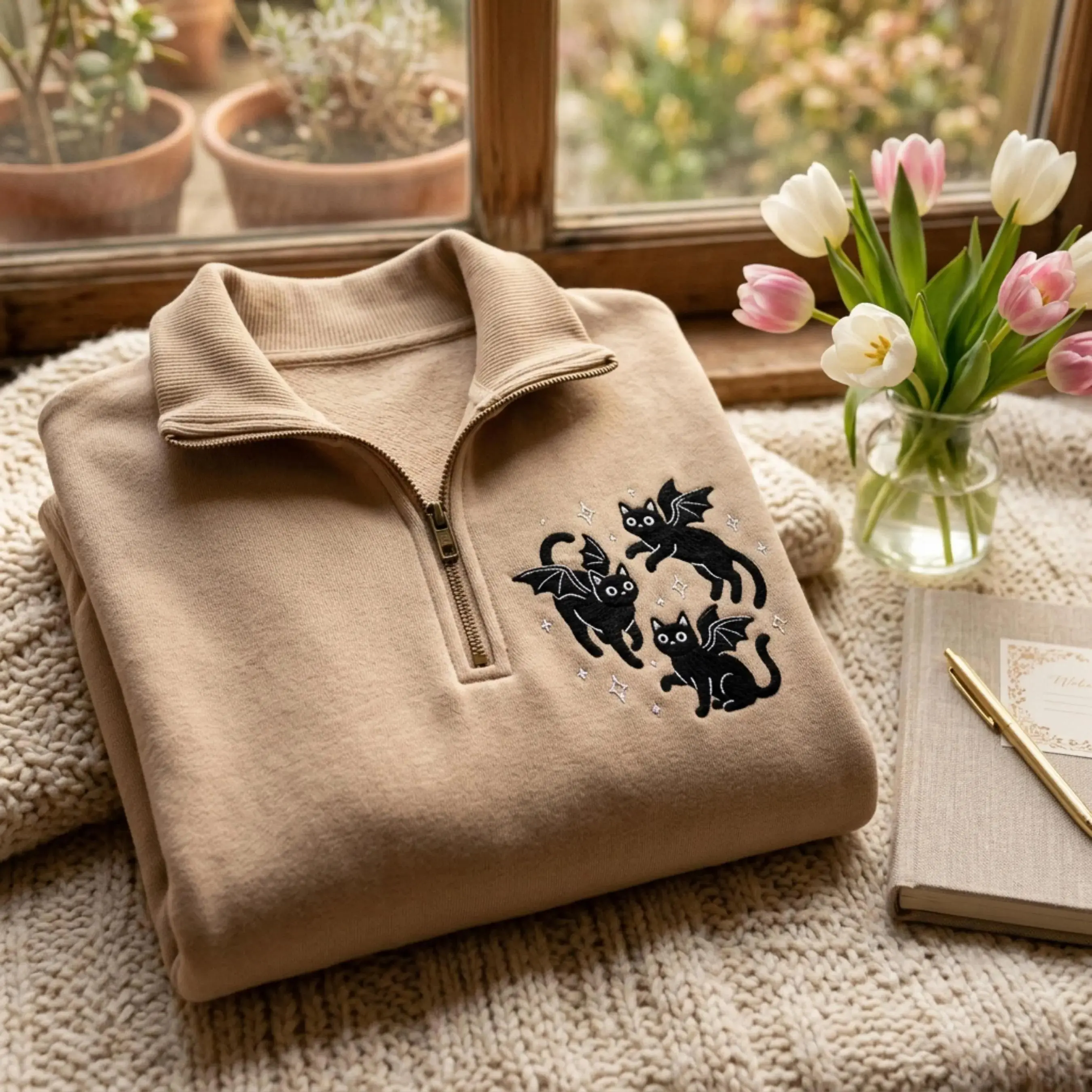 [Made in US] Embroidered Black Cats Bats Quarter Zip Sweatshirt, Halloween Gothic Apparel