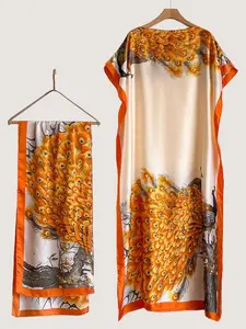Elegant Summer Women's Thin Loose Peacock Pattern Robe Shawl Set, Long Silk Scarf Beach Sun Protection Satin Wrap, Perfect Gift
