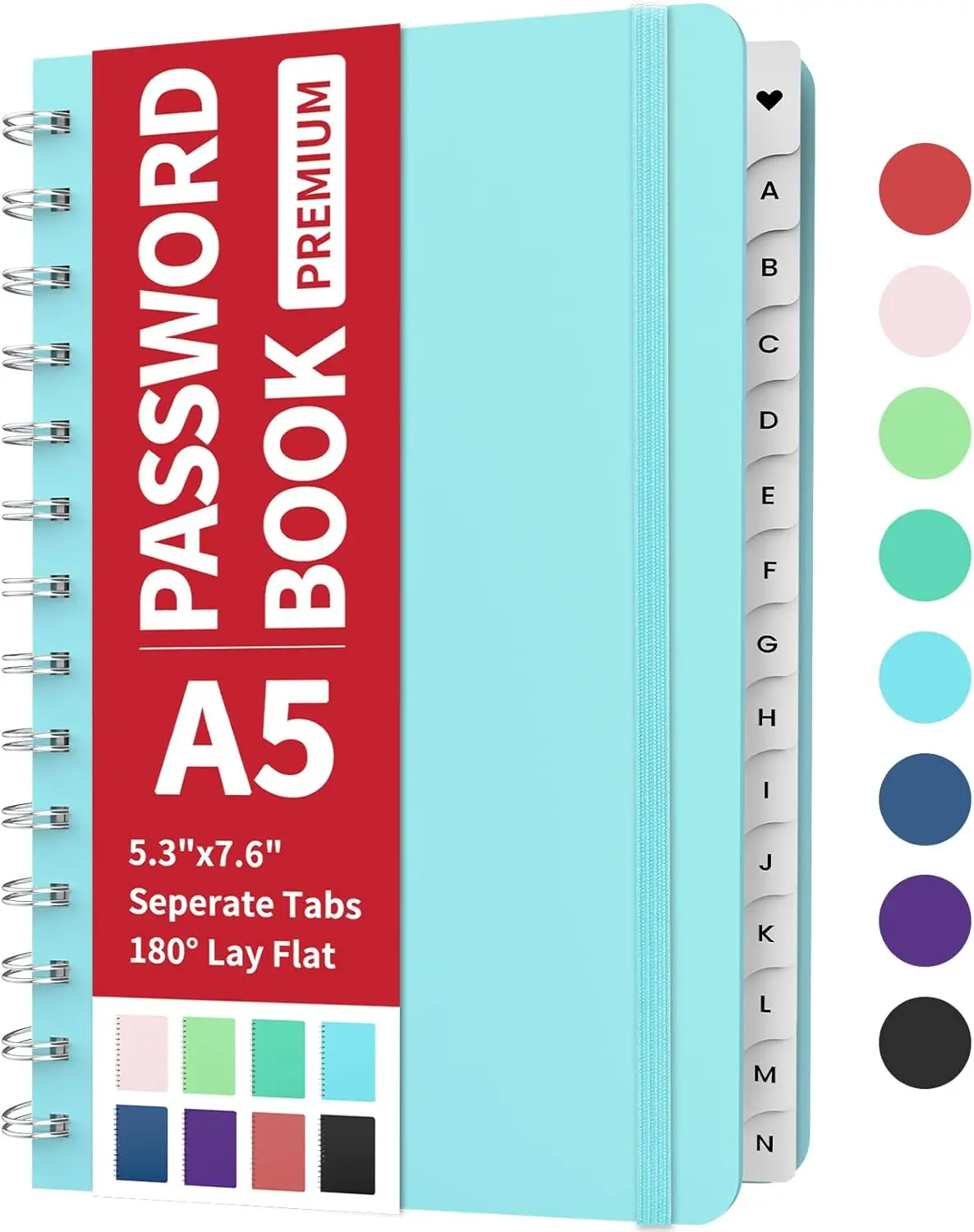 Password Book with Individual Alphabetical Tabs, 5.3"x7.6" Medium Size Password Notebook, Spiral Password Keeper Book for Senior, Cute Password Manager Logbook for  Office, Sky Blue