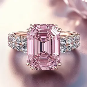An exquisite and luxurious romantic princess engagement ring set with dazzling pink square synthetic Synthetic Zirconia plated rose Golden copper ring for women, symbolizing noble and eternal love, engagement/marriage rings, Valentine's Day anniversary bi
