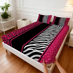 3Pcs Black & Pink Leopard Zebra Print Fitted Sheet Set, Y2K Patchwork Design, Non-slip Fit Skin-friendly Breathable, Ideal for Summer Edgy Girly Bedroom Renovation