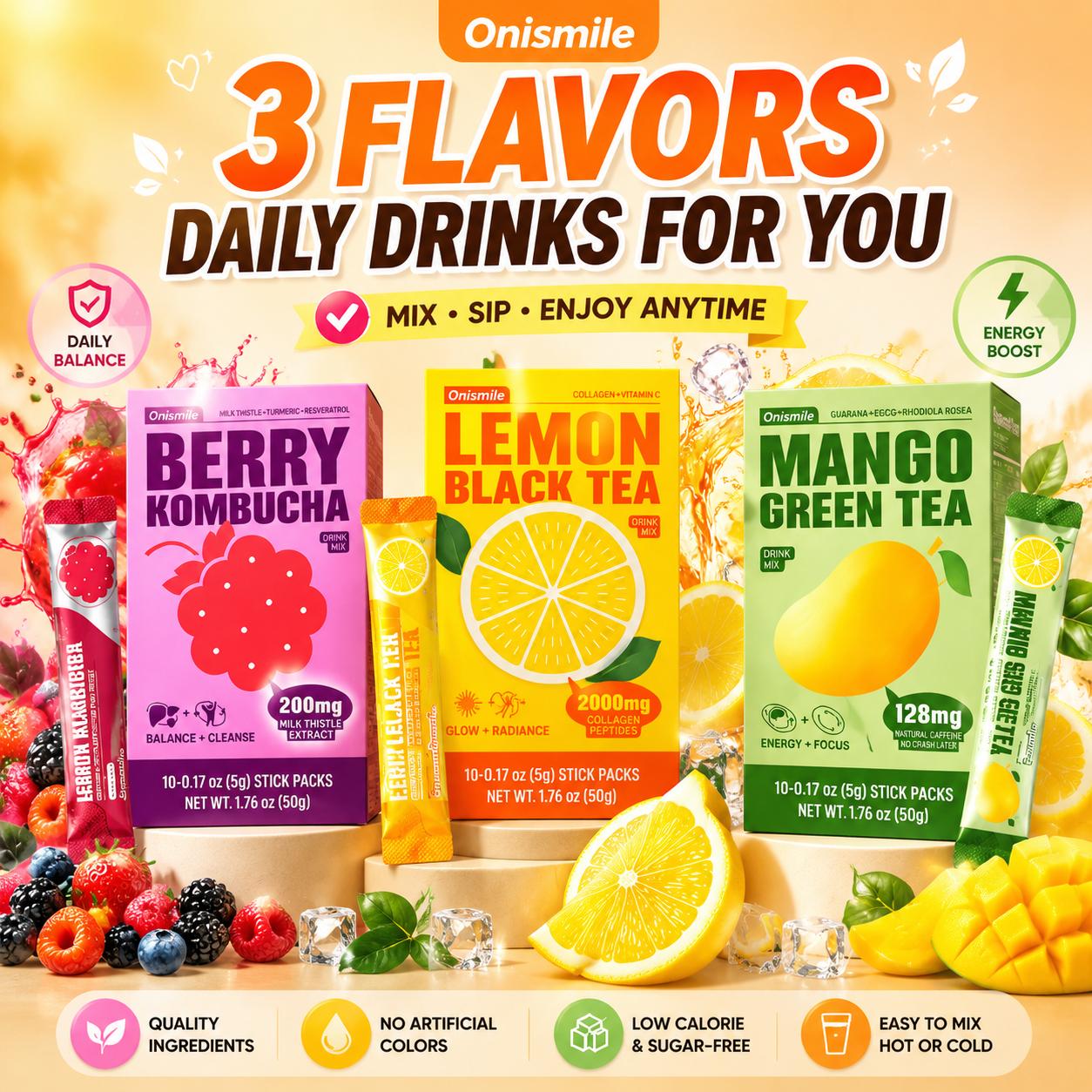 【Onismile】【[flash sale Three flavors】Collagen Peptide Powder & Pre-Workout Energy Drink Trio – Lemon Black Tea for Glow, Berry Kombucha for Daily Refresh, Mango Green Tea for Focus & Metabolism, Hydrating Vitamins PDC 【Onismile】【[flash sale Three flavors】Collagen Peptide Powder & Pre-Workout Energy Drink Trio – Lemon Black Tea for Glow, Berry Kombucha for Daily Refresh, Mango Green Tea for Focus & Metabolism, Hydrating Vitamins PDC