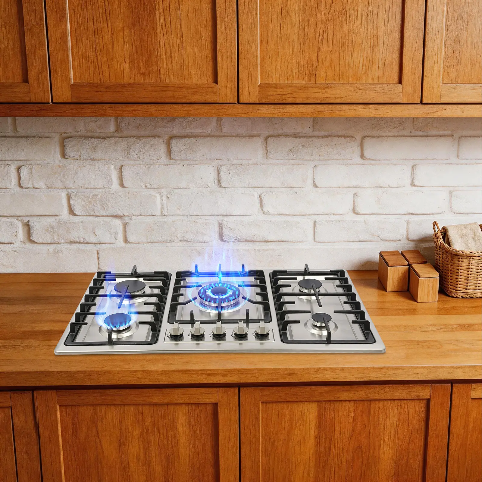 5 Burner Natural Gas Stove 86x51cm, Drop-in Countertop Cooktop with 3.3KW 2.75KW 1.75KW Burners, Black Silver for Home Restaurant Kitchen