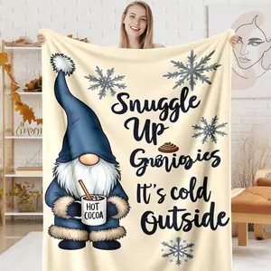 Warm Cozy Flannel Blanket, Winter Gnome Snuggle Up & Snowflake Print Soft Nap Throw for Bed & Couch, Durable Home Office Decor Blanket, Bedroom Holiday Cozy Decor Accessories, Winter Gnome Gift