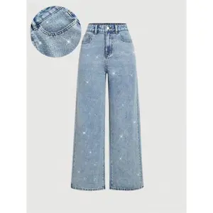 Women's Elegant High-Waisted Wide-Leg Jeans, Fitted Woven Fabric, Rhinestone Embellished, All-Season Fashion Pants
