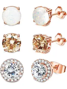 3 Pairs Elegant Copper Stud Earrings for Women Girls 18K Rose Gold Zircon Plated Halo Earrings Opal Earrings Set Sensitive Ears Fashion Jewelry Accessories