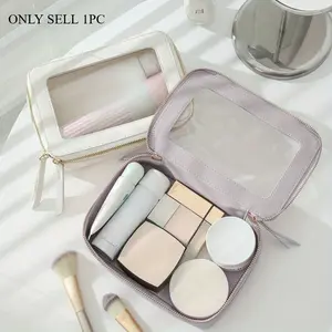 1pc Travel Cosmetic Bag With Zipper, Clear Makeup Organizer, Small Leather Toiletry Case, Women's Beauty Storage Box, Multifunctional Transparent Waterproof Pouch For Storage, Travel Accessories