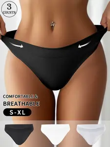Women's Comfortable Skin-Friendly Elastic Fitted Panties Set, Sporty Plain Design, Casual Daily Wear, 3-Piece Pack