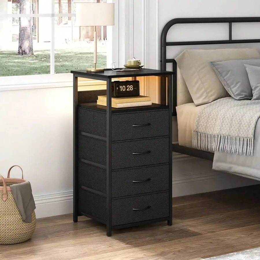 White/Black Marble Nightstand with Charging Station, USB Ports, Outlets, Non-Woven Fabric Storage Drawers, PU-Fabric Finish, Adjustable Indoor Bedside Table, Bed Side Table, Assembly Required