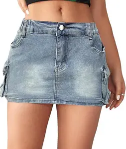 MNLYBABY Women's Mini Denim Skirt Low Waist Mini Button Denim Skirt One-piece with Pockets Short Dress Summer Casual Chic Elegant Bottom Beach Matching