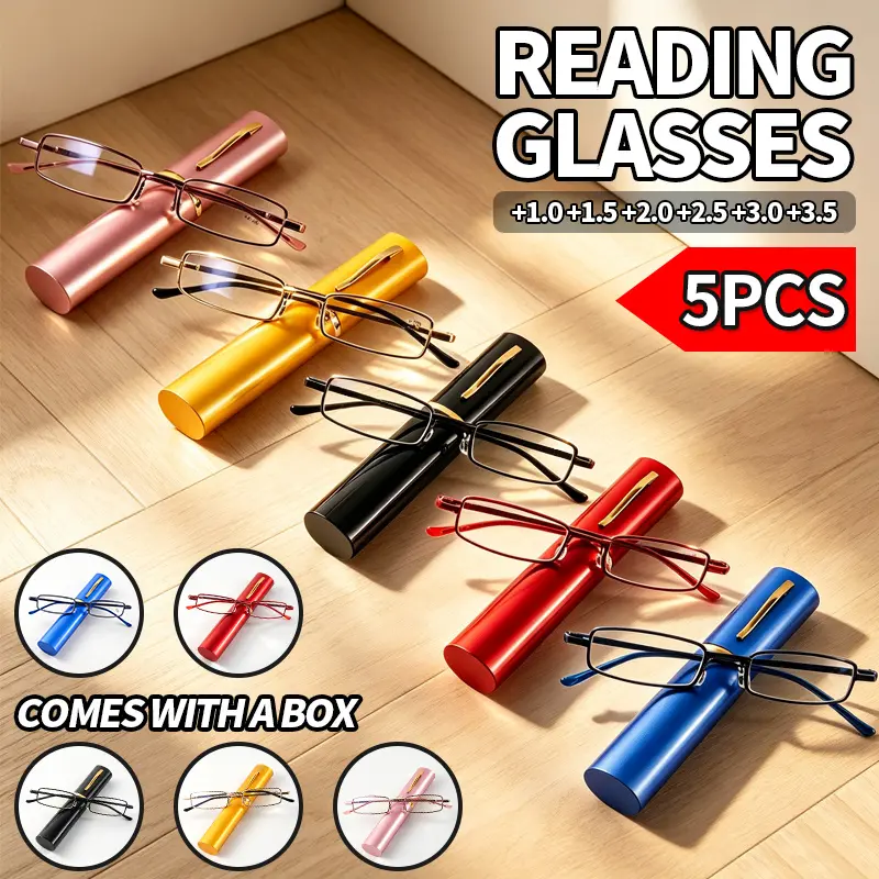 Pocket Reading Glasses 5-Pack, Unisex Foldable Full Rim Rectangular Metal Frames, Anti-Blue Light Lenses with Aluminum Pen Cases, +1.0 to +3.5, Reading Eyeglasses, +1.0~+3.5 Diopter, Metal Alloy, Tac Lens