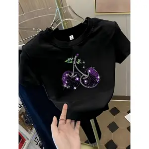 Sparkly Purple Cherry Graphic Crop Top Tee For Women Rhinestone Glitter Short Sleeve Cute Y2K Aesthetic Summer Going Out Streetwear