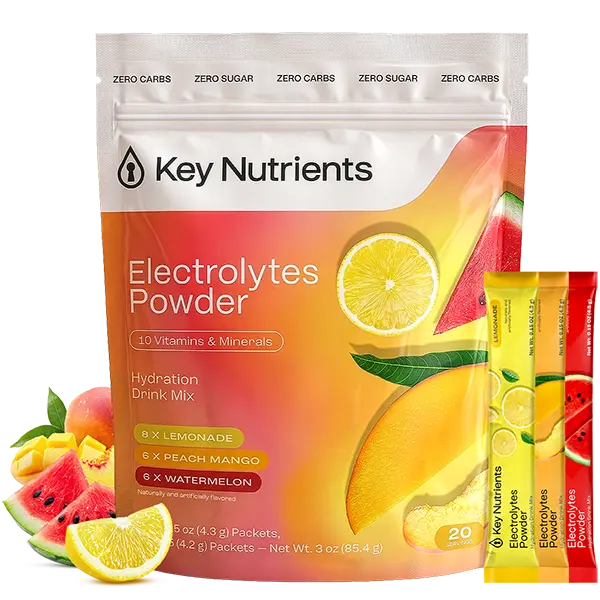 KEY NUTRIENTS Electrolytes Powder Packets – Variety Pack – Sugar Free Hydration Drink Mix – Keto Electrolytes Hydration Packets – Improved Refreshing Taste Lemonade, Peach Mango & Watermelon – 20 Pack