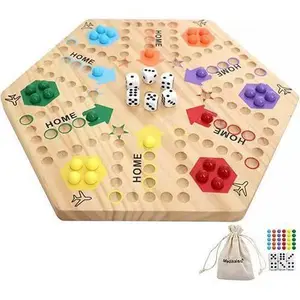 Wooden Hexagonal  Game Set - Classic Family Board Game with Colorful Pegs, Dice & Storage Bag for Strategy, Social Interaction & Fun