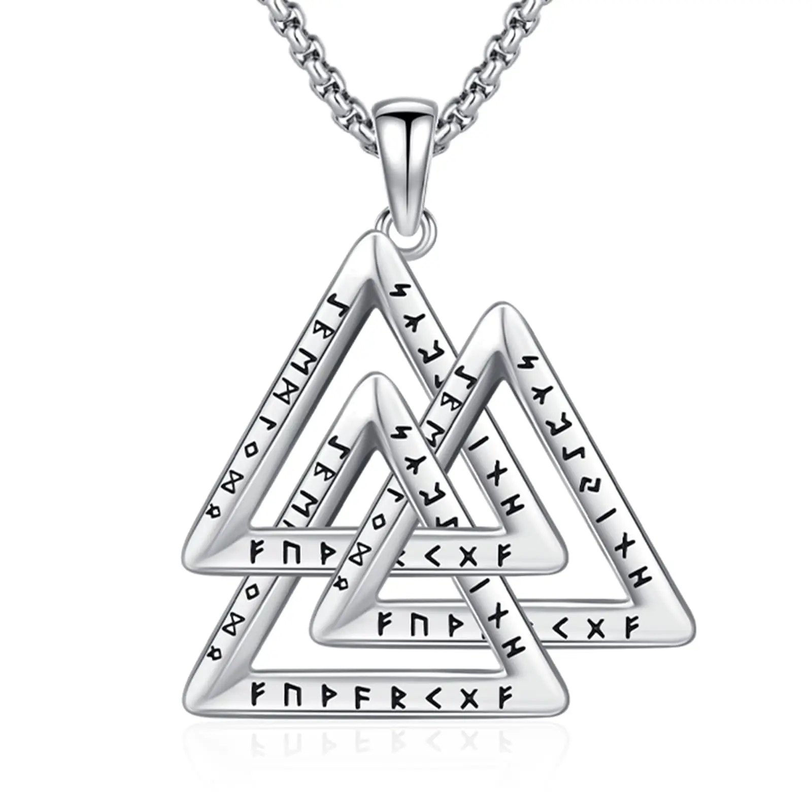 DRINSPER S925 Silver Engraved Valknot Necklace with Norse Runes, 22-Inch Box Chain, Retro Viking Heritage Design, Lead-Free Unisex Silver Jewelry for Adults' Daily Wear, Norse Mythology, 22 Inches, Shiny Silver Necklaces & Pendants
