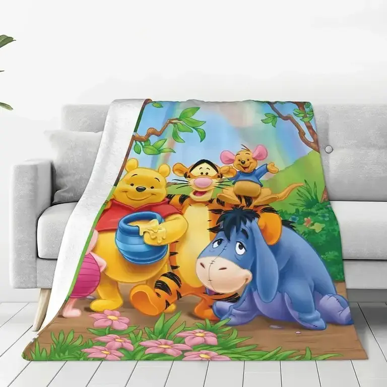 DISNEY CLASSIC Winnie the Pooh Flannel Blanket, Pooh Tigger Piglet Eeyore Cartoon Throw, Soft Cozy Lightweight Blanket for Bed Sofa Kids Room Gift Home Decor