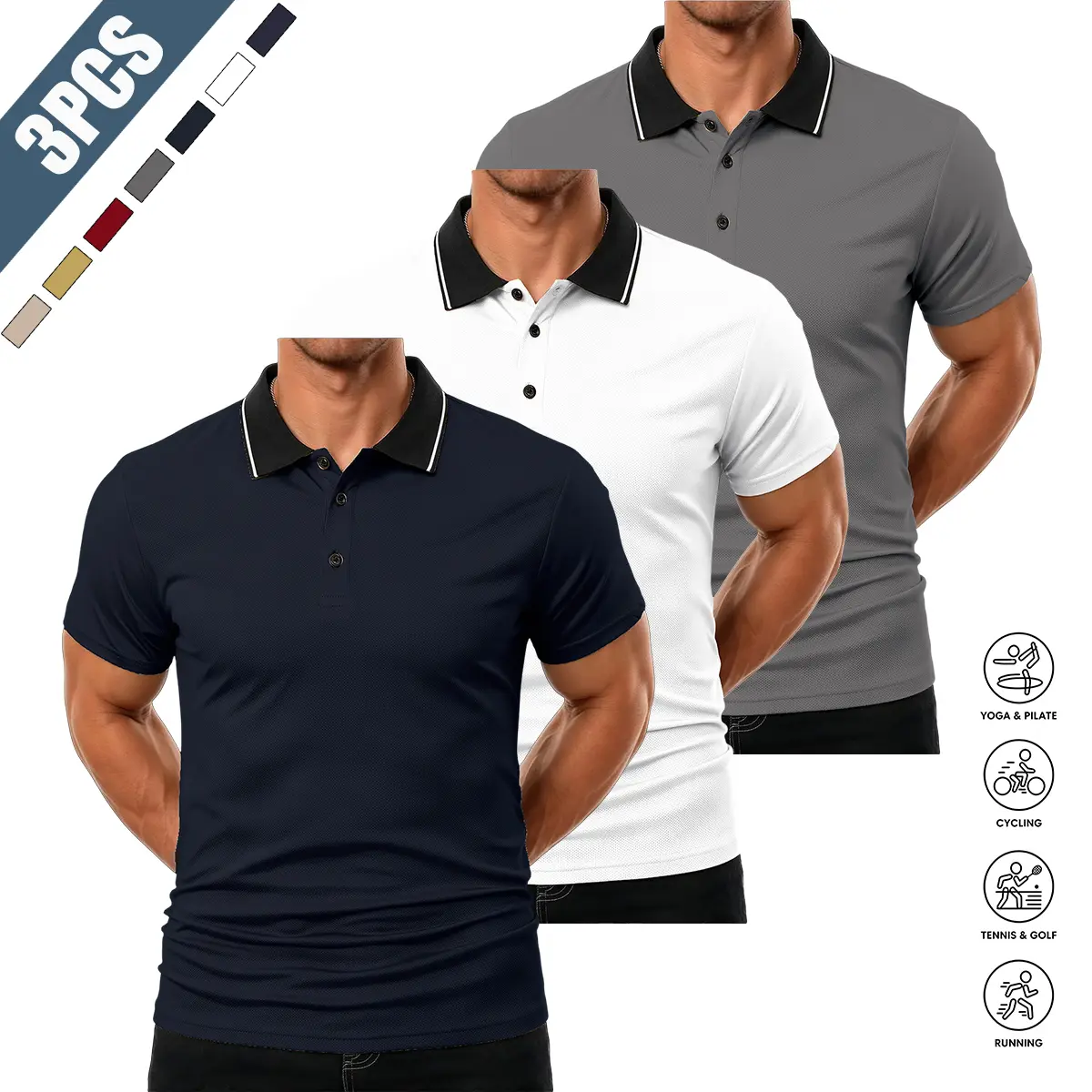 3 Pack Men's Contrast Collar Piqué Mesh Polo Shirts,100% Polyester Quick Dry Breathable Moisture Wicking Short Sleeve Slim Fit Tops, Multi-scene Business Casual Tennis Golf Daily Shirts