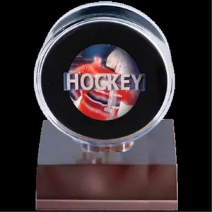 212 MAIN Acrylic & Wood Hockey Puck Holder - Dark Wood, Square Base, Sports Collectibles Display Accessory for Collectors