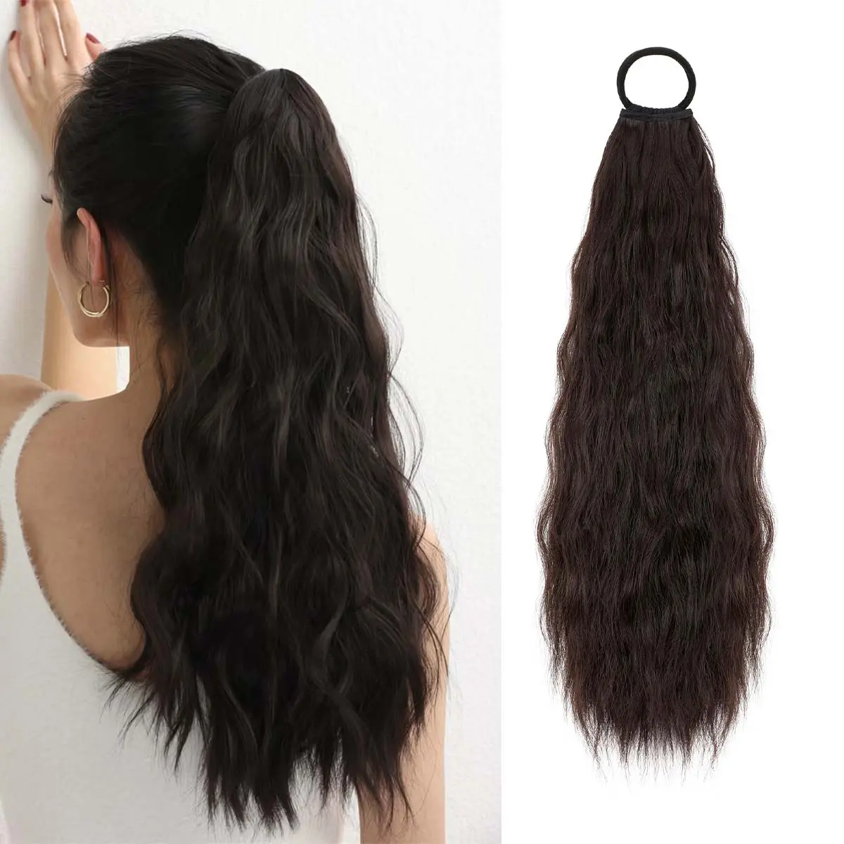 Lansigreen 20 Inch Kinky Wave Ponytail Extension for Women, Voluminous Clip-on Synthetic Hairpiece with Hair Tie for Daily & Party Use