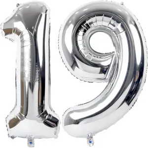 Giant Silver Balloon Number 19,40 Inch Silver 19th Mylar Foil Helium Birthday Decoration Balloons,Silver 19 Balloons For Wedding Anniversary Birthday Party Decors,19Year Old Boy Girl Birthday Balloons