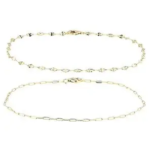 JTV Solid 18k Yellow Gold Over Sterling Silver Set of 2 Mirror and Paperclip 8" Chain Bracelets