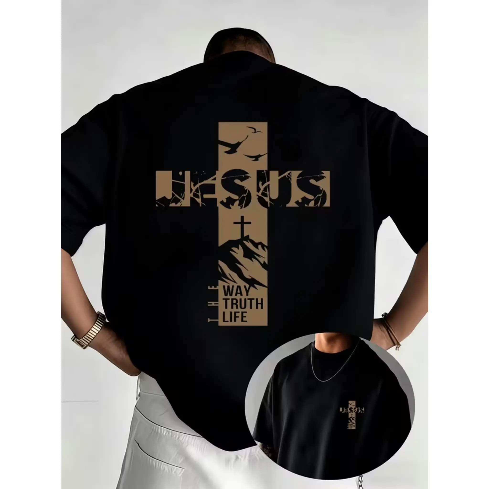 Christian Cross T-Shirt - Distressed Faith Design with Jesus' Way & Truth Life Print, Round Neck Short Sleeve Casual Religious Apparel Suitable for Church, Easter, Christmas, Machine Washable