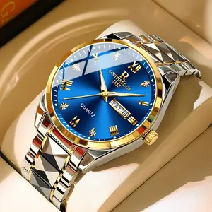 Luxury Men's Diamond high-end Quartz Watch - Business Waterproof Wristwatch with Date Day, Blue Dial Gold Accents, Stainless Steel Band, Classic Formal Casual Timepiece for Men, Perfect Gift for Father Husband Boyfriend Birthday Anniversary