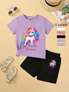 Girls' Rainbow Unicorn T-Shirt Shorts Set, Cute Cartoon Design, Breathable and Comfortable, Toddler Summer, Daily Wear
