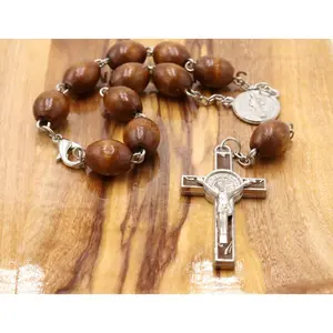 Bracelet St Benedict Rosary Olive Wood Metal Cross Jerusalem Holy Land Hand Made