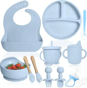 Silicone Baby Feeding-Baby Lid Weaning Supplies including Divided Plate with Lid, Cup, Adjustable Bib, Toddler Spoons and Forks, Perfect for Self-Feeding with Fruit Feeder (Light BLUE)