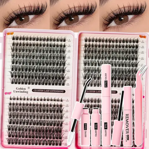 Surprise DIY False Eyelash Extension Kit, Natural Look with Dense Effect, Non-Toxic D Curl Mixed Length, Home Use Curled Lashes, Eyelash Extensions Set, Eyelashes Set