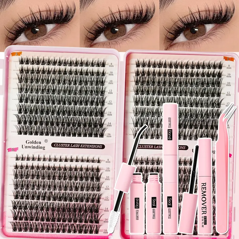 Surprise DIY False Eyelash Extension Kit, Natural Look with Dense Effect, Non-Toxic D Curl Mixed Length, Home Use Curled Lashes, Eyelash Extensions Set, Eyelashes Set
