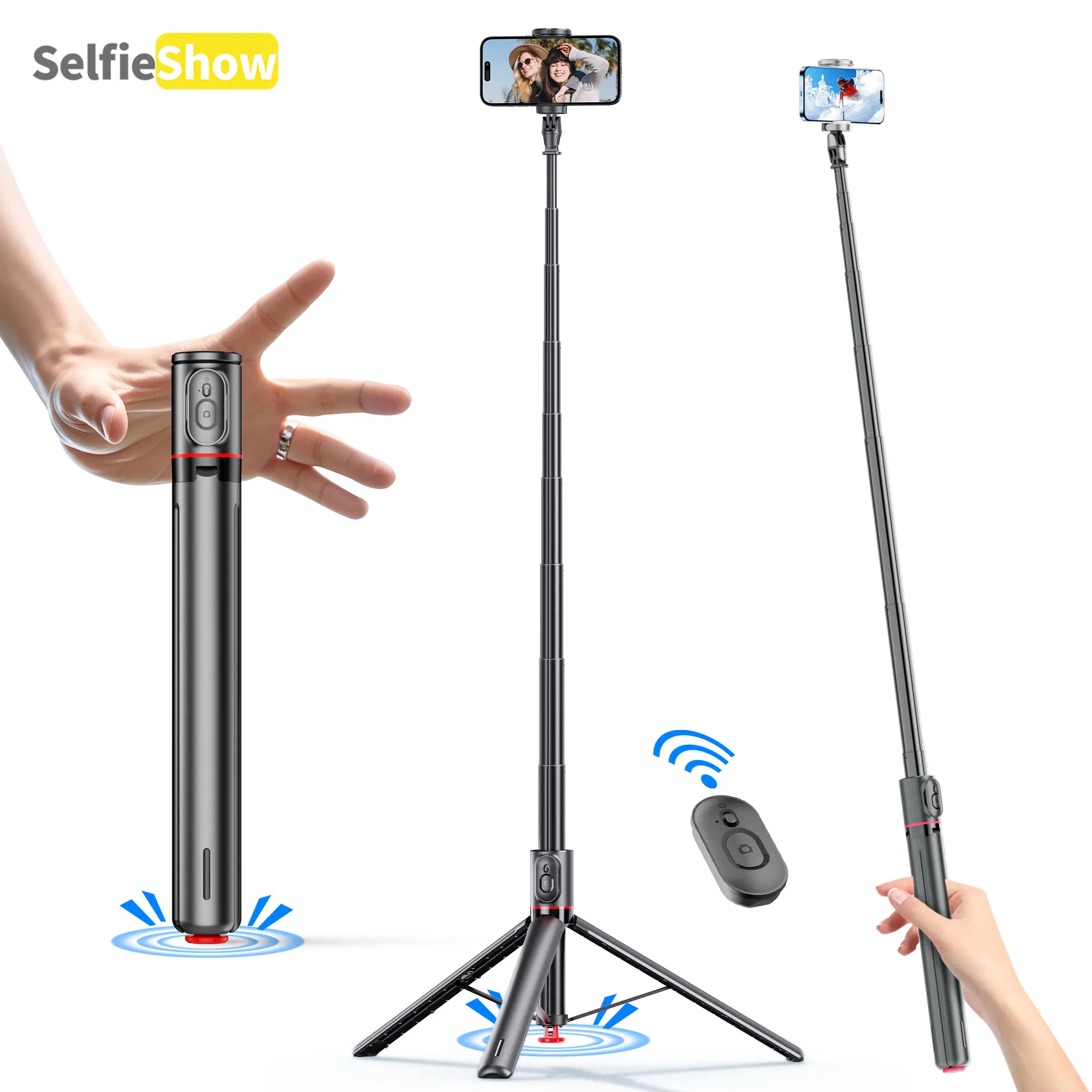 67" Selfie Stick Tripod with Magnetic Remote, Auto Pop-Open Heavy Duty Phone Stand for Travel & Vlogging, Portable All-in-One Aluminum Tripod for Content Creators