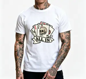 Men’s all-over poker skeleton graphic T-shirt | Vintage tattoo-style playing card casual crewneck T-shirt, suitable for gambler streetwear, rugged-style graphic album T-shirt, graphic tee, clothing