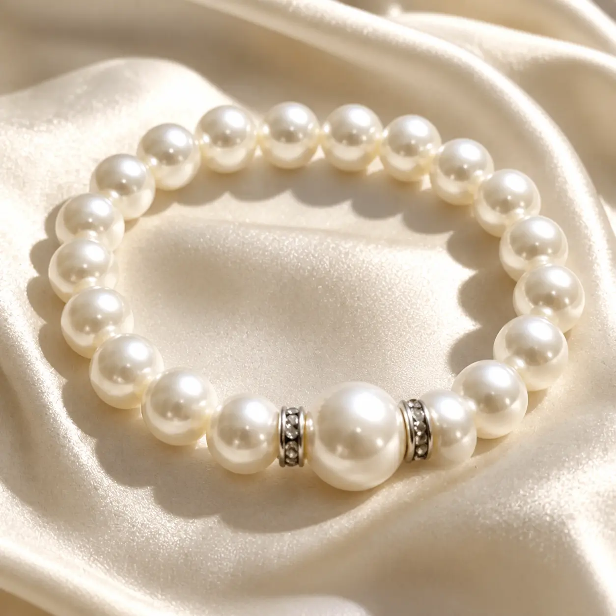 Pearl Bead Bracelet for Women, Classic Ivory Pearl Bracelet with Silver-Tone Spacer Accents, Elegant Everyday Jewelry
