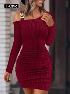 Ribbed Bodycon Dress One Shoulder Asymmetrical Mini Dress Off Shoulder Long Sleeve Sexy Knit Slim Fit Stretch Ruched Clubwear Evening Night Out Party Wear Elegant Lady Figure Hugging Trendy Womens Autumn Winter Wine Red Mini Dress Womenswear