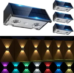 Solar Fence Lights Outdoor, Warm & Cool White RGB Dusk to Dawn Waterproof LED Wall Mount Sconce Light Up & Down Deck Lights Solar Powered for Outside Garden Patio Backyard Garage(4 Pack)