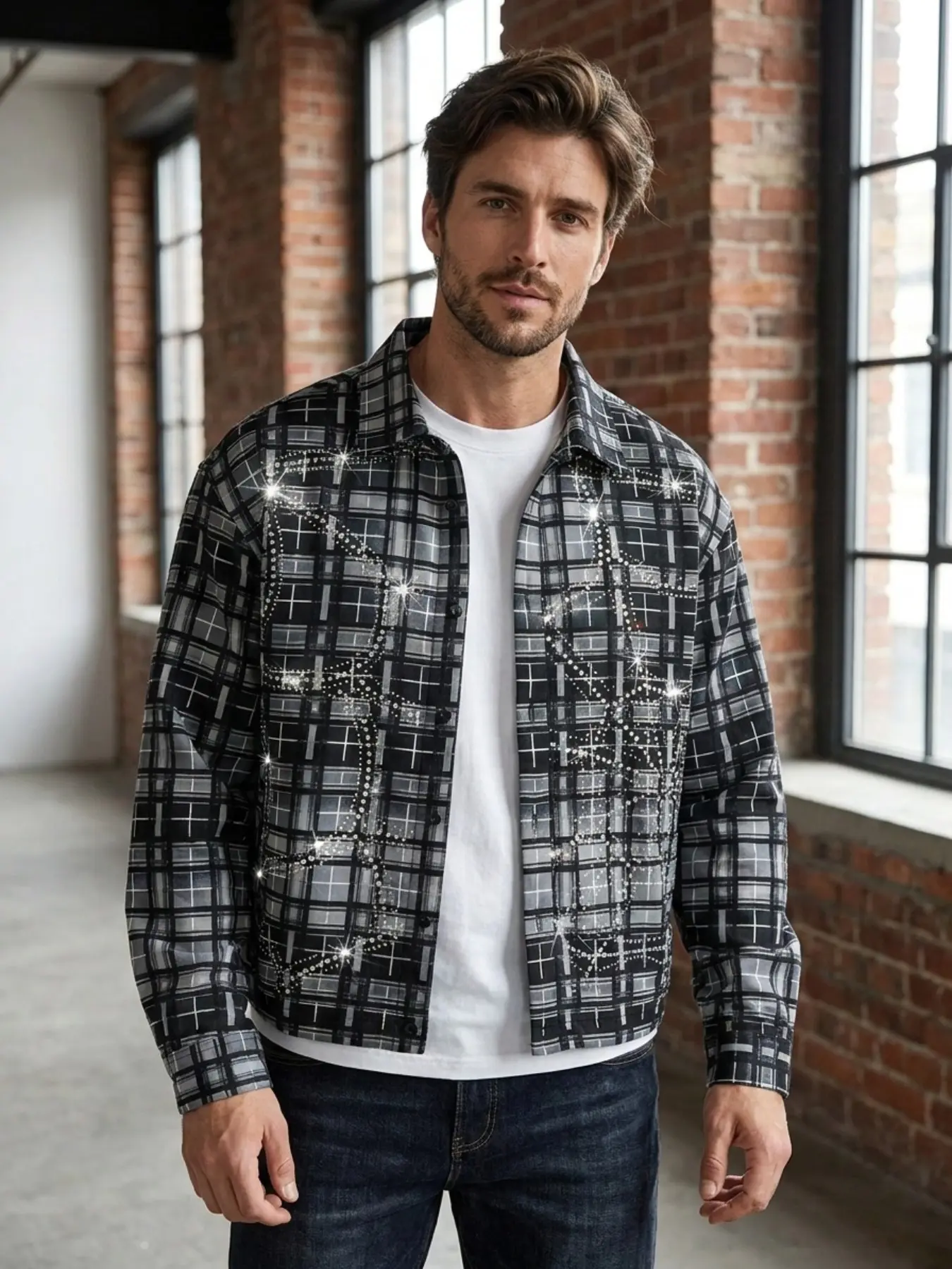 Plaid Rhinestone Shirt, Casual, Stylish Trendy Sparkly Design, Street Style Cool Look, Versatile Eye-Catching Fashion